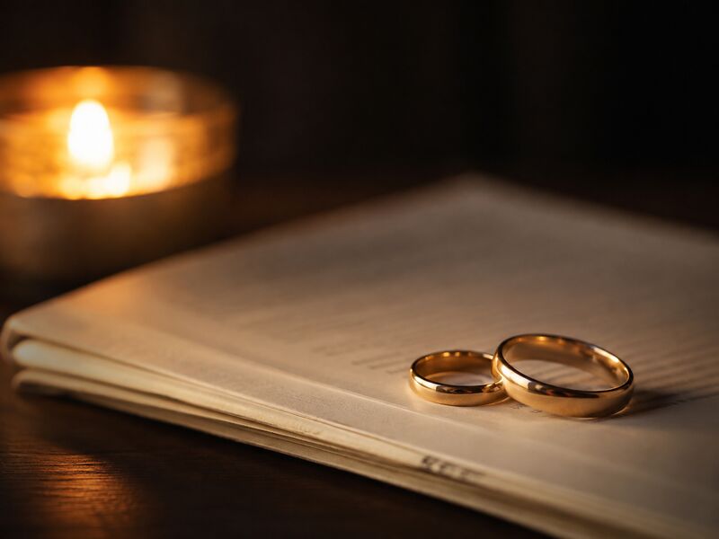 Two wedding rings resting on a marriage document by candlelight