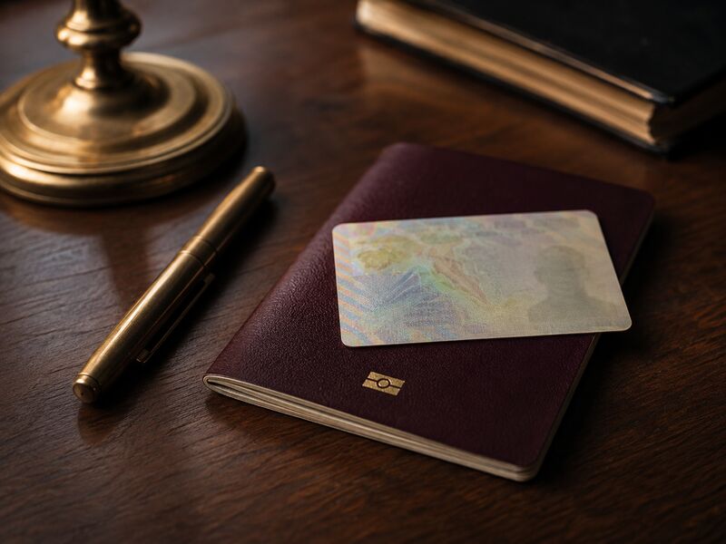 Foreign passport and residency card on a lawyer's desk