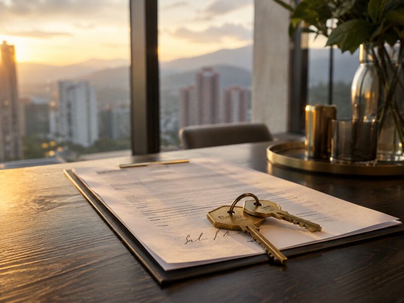 Property keys on a signed purchase contract overlooking Medellín